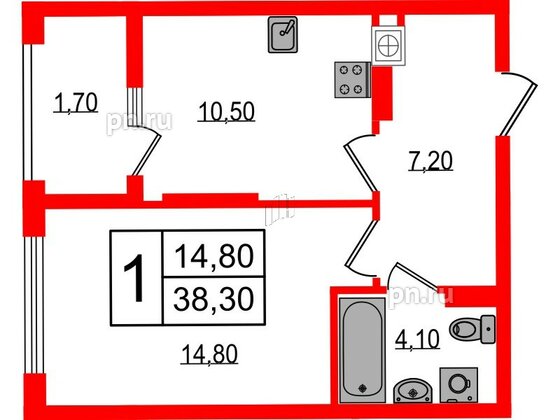 Квартира в ЖК «Дом на Красной», 1 комнатная, 38.3 м², 7 этаж