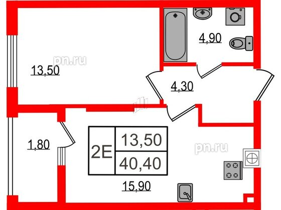 Квартира в ЖК «Дом на Красной», 1 комнатная, 40.4 м², 1 этаж