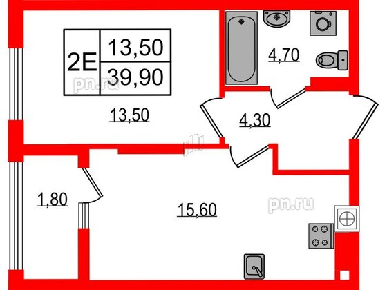 Квартира в ЖК «Дом на Красной», 1 комнатная, 39.9 м², 3 этаж