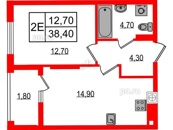 Квартира в ЖК «Дом на Красной», 1 комнатная, 38.4 м², 7 этаж