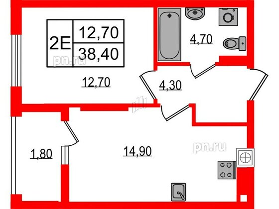 Квартира в ЖК «Дом на Красной», 1 комнатная, 38.4 м², 8 этаж