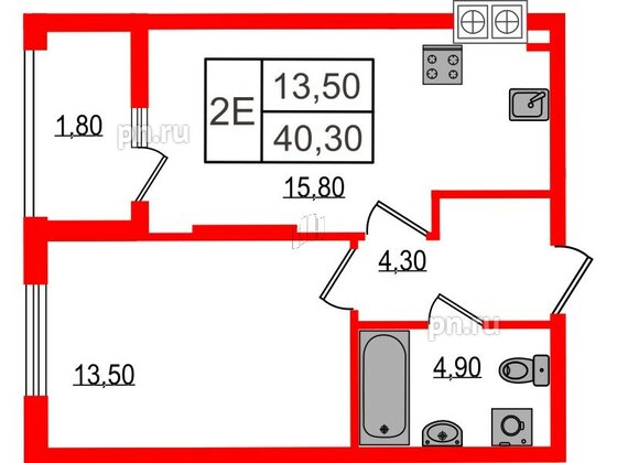 Квартира в ЖК «Дом на Красной», 1 комнатная, 40.3 м², 1 этаж