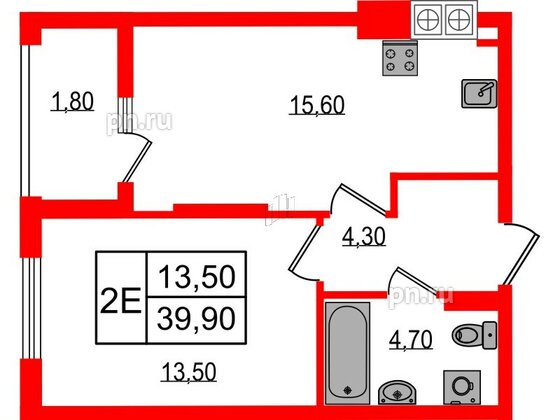 Квартира в ЖК «Дом на Красной», 1 комнатная, 39.9 м², 2 этаж