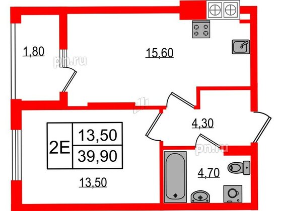 Квартира в ЖК «Дом на Красной», 1 комнатная, 39.9 м², 6 этаж