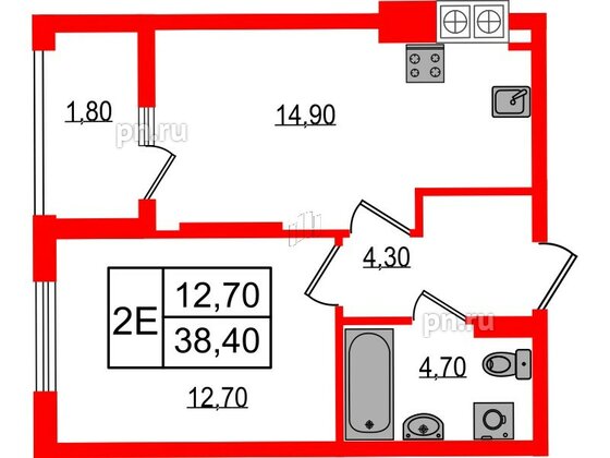 Квартира в ЖК «Дом на Красной», 1 комнатная, 38.4 м², 7 этаж