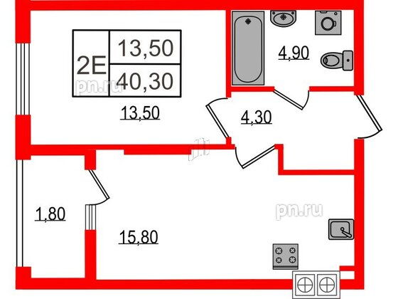 Квартира в ЖК «Дом на Красной», 1 комнатная, 40.3 м², 1 этаж