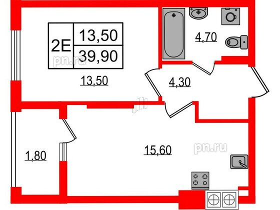 Квартира в ЖК «Дом на Красной», 1 комнатная, 39.9 м², 2 этаж