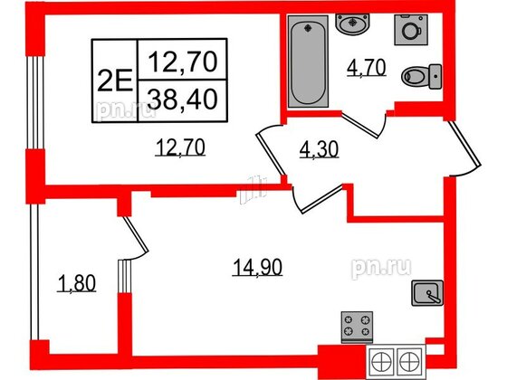 Квартира в ЖК «Дом на Красной», 1 комнатная, 38.4 м², 7 этаж