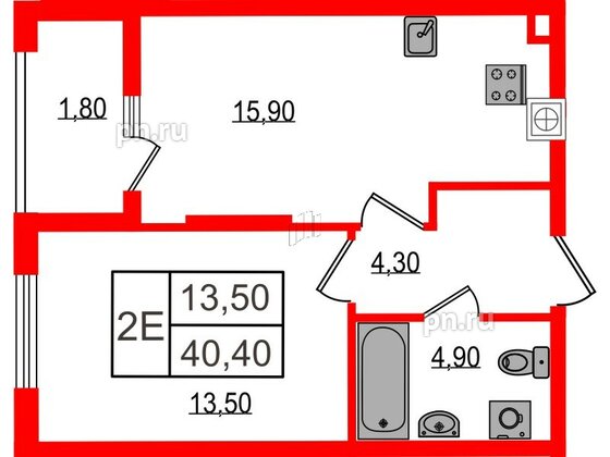 Квартира в ЖК «Дом на Красной», 1 комнатная, 40.4 м², 1 этаж