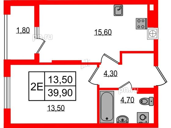 Квартира в ЖК «Дом на Красной», 1 комнатная, 39.9 м², 2 этаж