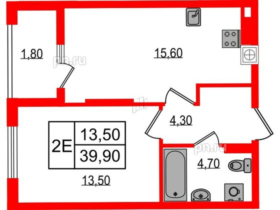 Квартира в ЖК «Дом на Красной», 1 комнатная, 39.9 м², 6 этаж