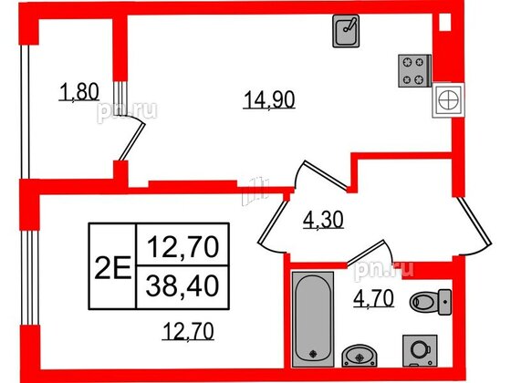 Квартира в ЖК «Дом на Красной», 1 комнатная, 38.4 м², 7 этаж