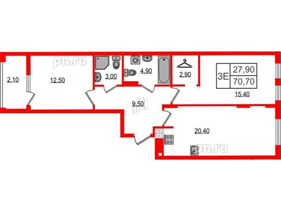 Квартира в ЖК «Дом на Красной», 2 комнатная, 70.7 м², 1 этаж