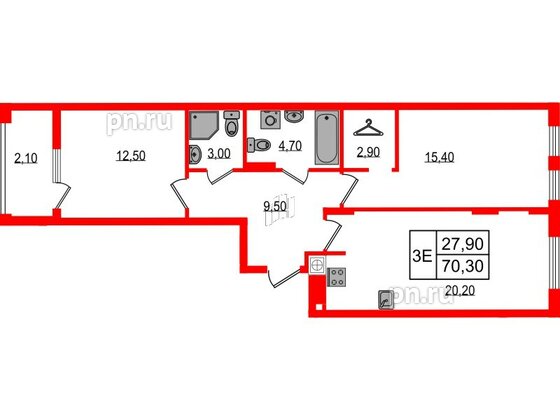 Квартира в ЖК «Дом на Красной», 2 комнатная, 70.3 м², 2 этаж