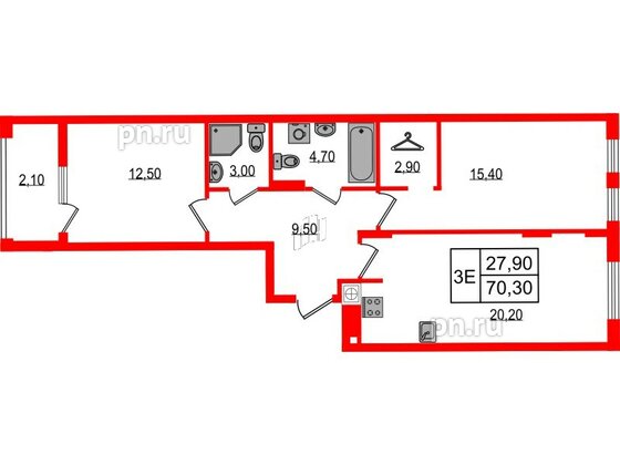 Квартира в ЖК «Дом на Красной», 2 комнатная, 70.3 м², 6 этаж