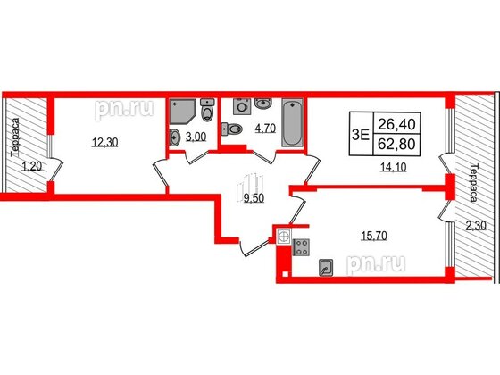 Квартира в ЖК «Дом на Красной», 2 комнатная, 68.8 м², 8 этаж