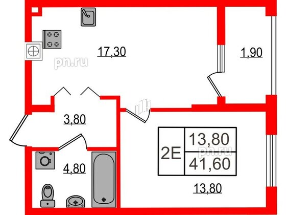 Квартира в ЖК «Дом на Красной», 1 комнатная, 41.6 м², 1 этаж