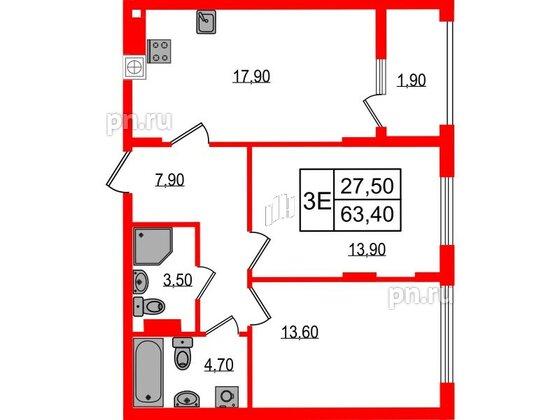 Квартира в ЖК «Дом на Красной», 2 комнатная, 63.4 м², 2 этаж