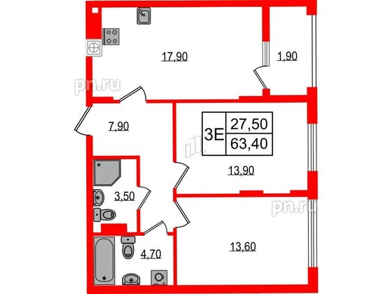 Квартира в ЖК «Дом на Красной», 2 комнатная, 63.4 м², 6 этаж