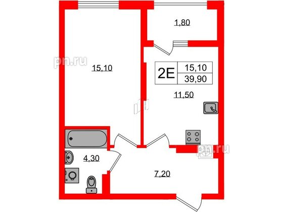 Квартира в ЖК «Дом на Красной», 1 комнатная, 39.9 м², 7 этаж