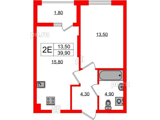 Квартира в ЖК «Дом на Красной», 1 комнатная, 39.9 м², 1 этаж