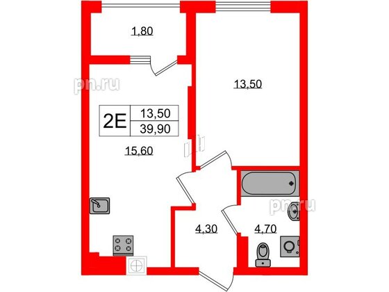 Квартира в ЖК «Дом на Красной», 1 комнатная, 39.9 м², 2 этаж