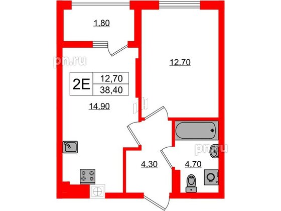 Квартира в ЖК «Дом на Красной», 1 комнатная, 38.4 м², 8 этаж