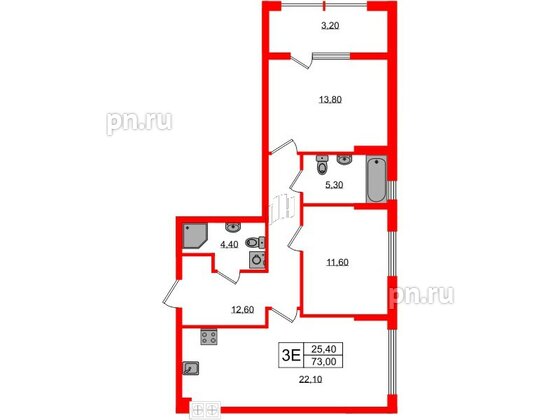 Квартира в ЖК «Дом на Красной», 2 комнатная, 73 м², 1 этаж