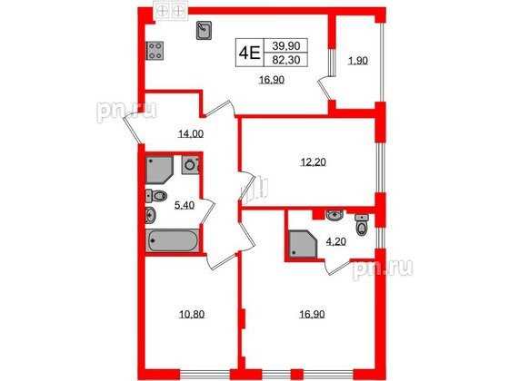 Квартира в ЖК «Дом на Красной», 3 комнатная, 82.3 м², 1 этаж