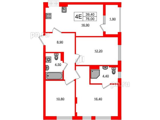 Квартира в ЖК «Дом на Красной», 3 комнатная, 76 м², 2 этаж