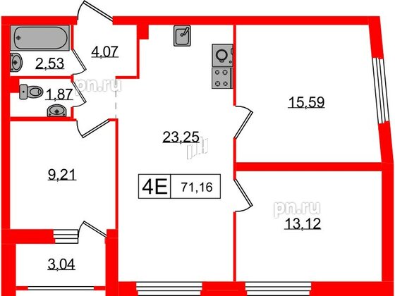 Квартира в ЖК Графика, 3 комнатная, 71.16 м², 2 этаж