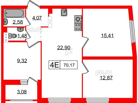 Квартира в ЖК Графика, 3 комнатная, 70.17 м², 3 этаж