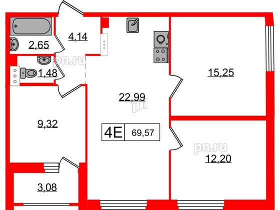 Квартира в ЖК Графика, 3 комнатная, 69.57 м², 6 этаж