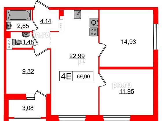 Квартира в ЖК Графика, 3 комнатная, 69 м², 7 этаж