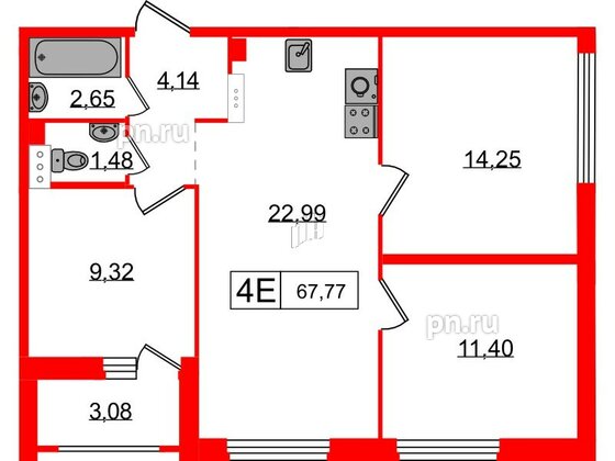 Квартира в ЖК Графика, 3 комнатная, 67.77 м², 9 этаж