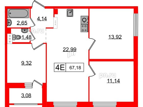 Квартира в ЖК Графика, 3 комнатная, 67.18 м², 10 этаж