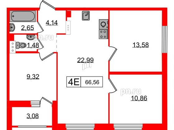 Квартира в ЖК Графика, 3 комнатная, 66.56 м², 11 этаж