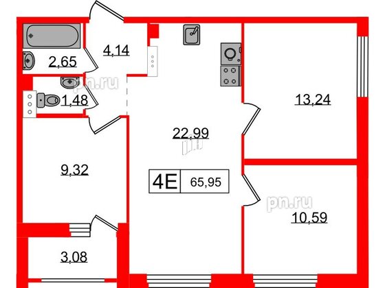 Квартира в ЖК Графика, 3 комнатная, 65.95 м², 12 этаж