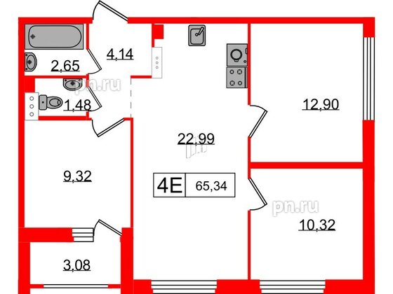 Квартира в ЖК Графика, 3 комнатная, 65.34 м², 13 этаж