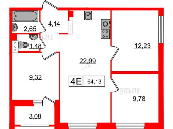 Квартира в ЖК Графика, 3 комнатная, 64.13 м², 15 этаж