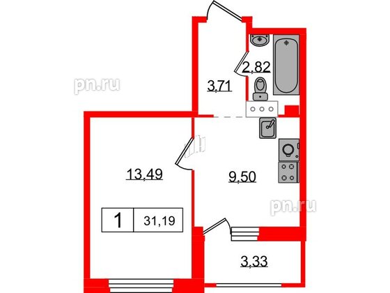 Квартира в ЖК Графика, 1 комнатная, 31.19 м², 4 этаж