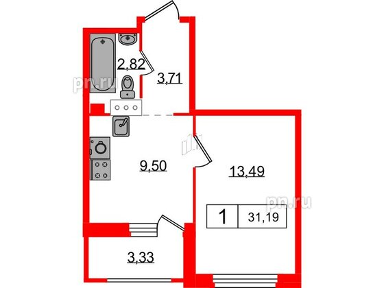 Квартира в ЖК Графика, 1 комнатная, 31.19 м², 6 этаж