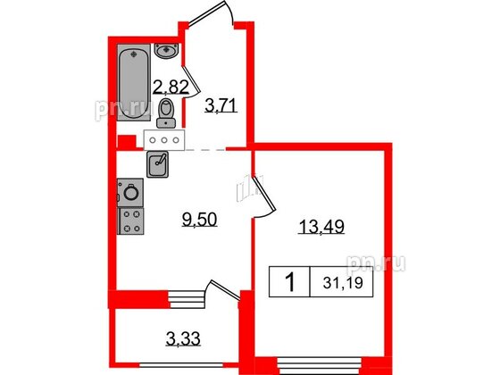 Квартира в ЖК Графика, 1 комнатная, 31.19 м², 13 этаж