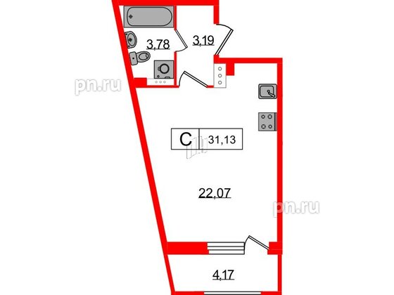 Квартира в ЖК Графика, студия, 31.13 м², 17 этаж