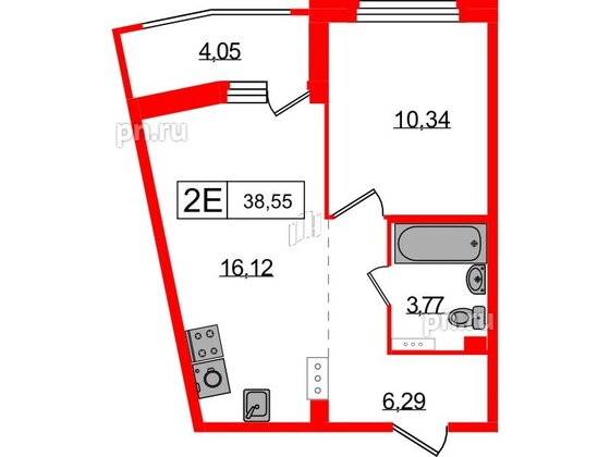 Квартира в ЖК Графика, 1 комнатная, 38.55 м², 15 этаж