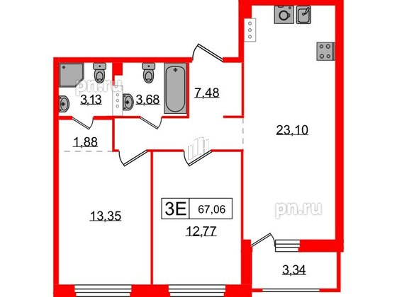 Квартира в ЖК Графика, 2 комнатная, 67.06 м², 3 этаж