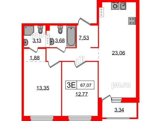 Квартира в ЖК Графика, 2 комнатная, 67.06 м², 18 этаж