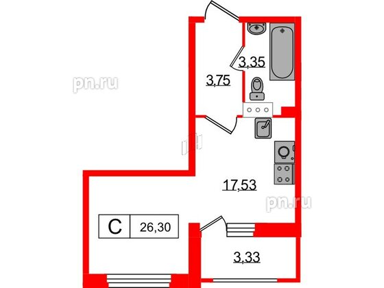 Квартира в ЖК Графика, студия, 26.3 м², 2 этаж