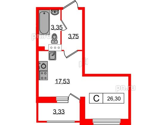 Квартира в ЖК Графика, студия, 26.3 м², 2 этаж