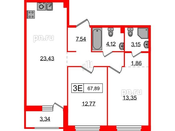 Квартира в ЖК Графика, 2 комнатная, 67.89 м², 1 этаж